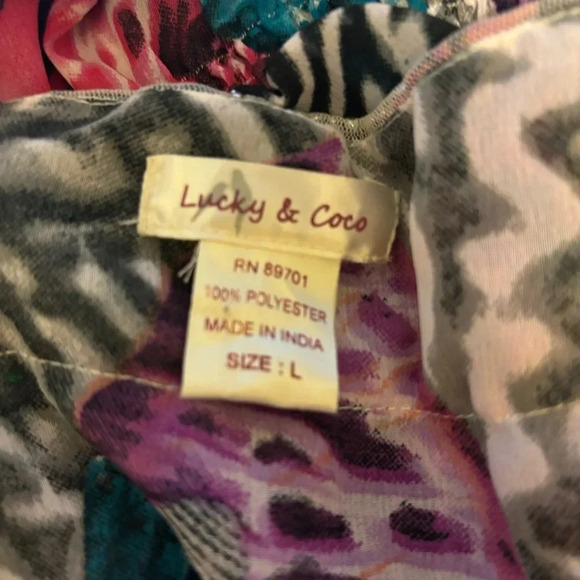 Lucky and Coco Printed Beaded Sparkle Coverup Dress Elastic Waist V Neck Size L - Picture 4 of 4